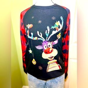 Raglan Buffalo Check Sleeve Funny Reindeer Graphic Print Crew Neck T-shirts 🦌